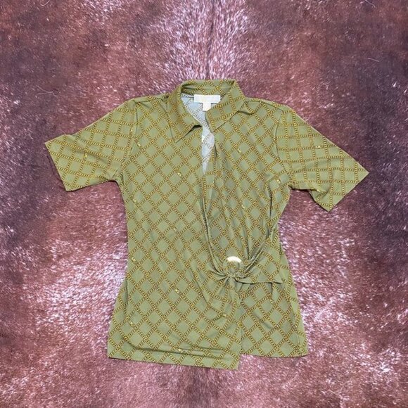 Michael Michael Kors Chain Print Wrap Top Smoky Olive Size S - Picture 12 of 13